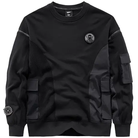 VIP机能拼接圆领卫衣男多口袋长袖t恤忍者徽章小众设计感潮牌上衣商品大图