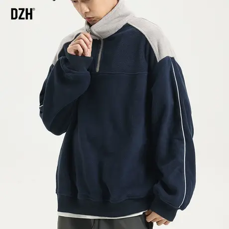 男生半拉链摇粒绒卫衣男秋季潮牌宽松休闲高领外套棒球服拼接上衣商品大图