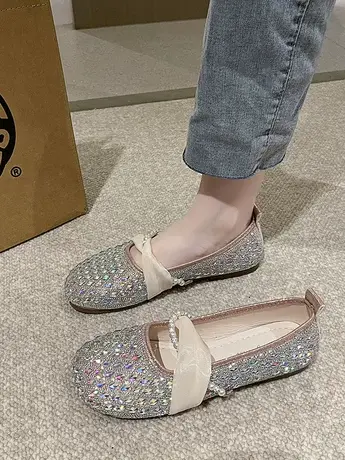 法式单鞋女2023春夏款平底玛丽珍瓢鞋水钻水晶鞋一脚蹬软底豆豆鞋商品大图