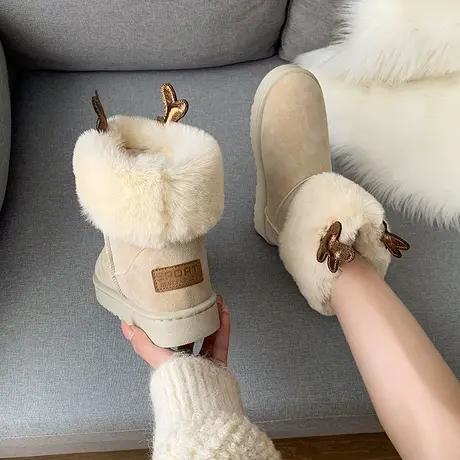 皮毛一体雪地靴女2024年新款冬加绒加厚短筒棉鞋防滑厚底毛毛短靴图片