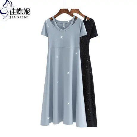 夏季新款V领纯棉星空显瘦亮片短袖体恤打底连衣裙纯色女装韩版T恤图片