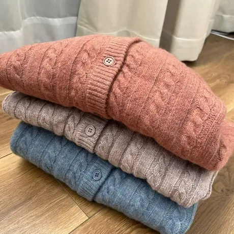 享永子【浣熊绒新秋限定】加厚麻花纹针织开衫圆领毛衣外套秋复古图片