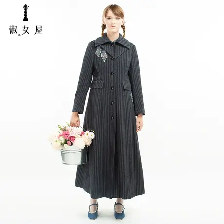 淑女屋旗舰店冬季女新品烟灰条水晶鞋与玫瑰花灰姑娘烤花呢长大衣图片