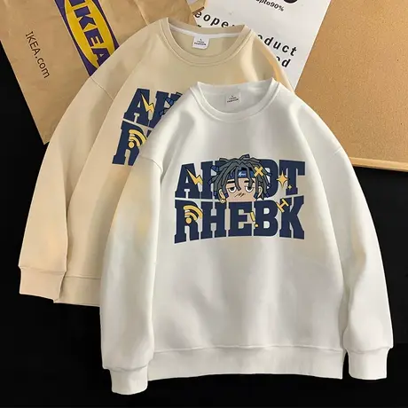 发泡印花圆领套头卫衣男春秋季ins潮牌2024新款打底衫美式vintage商品大图