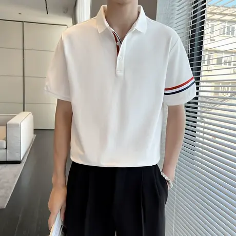 夏季短袖polo衫半袖T恤ins潮牌男2023新款彩条条纹半截袖夏装体恤商品大图