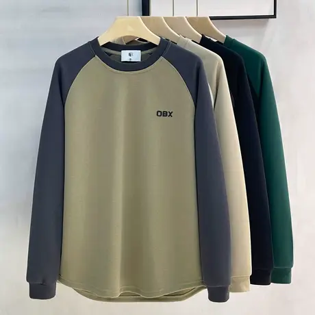 美式休闲卫衣男士秋冬季圆领宽松套头潮拼接上衣男长袖T恤打底衫商品大图