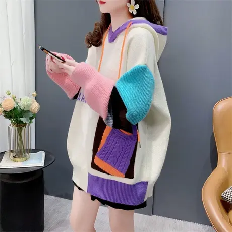 设计感拼色连帽毛衣女中长款2023年新款秋冬爆款宽松加厚外套上衣商品大图
