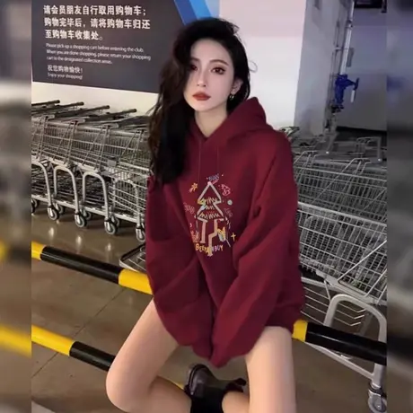 黑色加绒连帽卫衣女美式高级感穿搭秋冬字母印花慵懒风宽松百搭潮图片