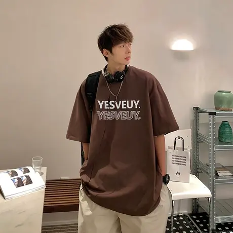 纯棉宽松短袖t恤男潮流2023内搭圆领宽松衣服夏季字母印花半袖衫商品大图