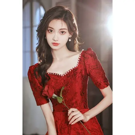 敬酒服新娘夏季酒红色结婚订婚回门礼服连衣裙夏款高级感蕾丝高端商品大图