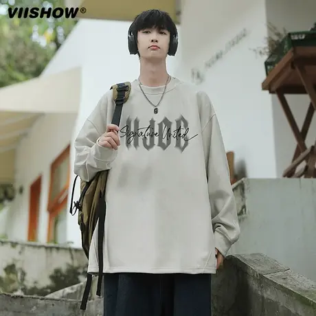 VIISHOWt恤男长袖圆领hiphop高街ins潮牌美式重磅字母印花上衣服商品大图
