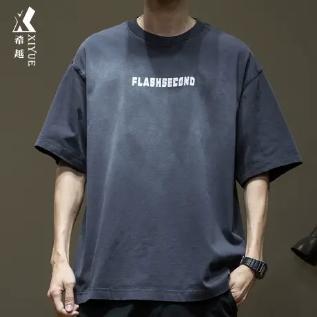 希越300G重磅短袖T恤男2024春季新款宽松大码ins印花圆领打底衫男商品大图