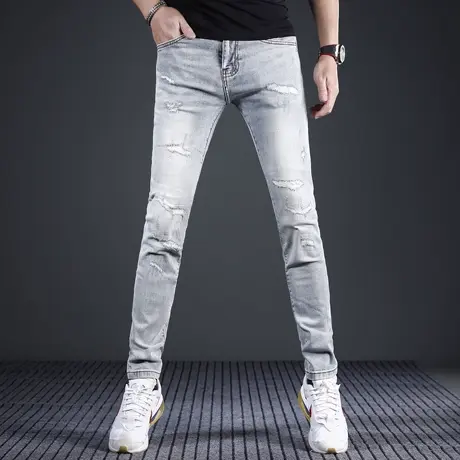 2024新款春夏破洞补丁牛仔裤男修身小脚浅色潮牌弹力男士裤子长裤图片