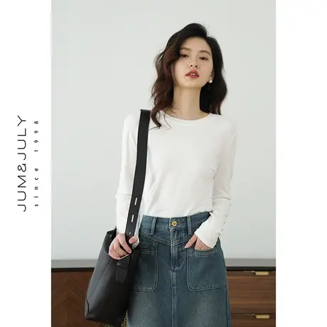 嘉茱莉2024春季新款长袖内搭T恤女小个子圆领内搭上衣打底衫纯色商品大图
