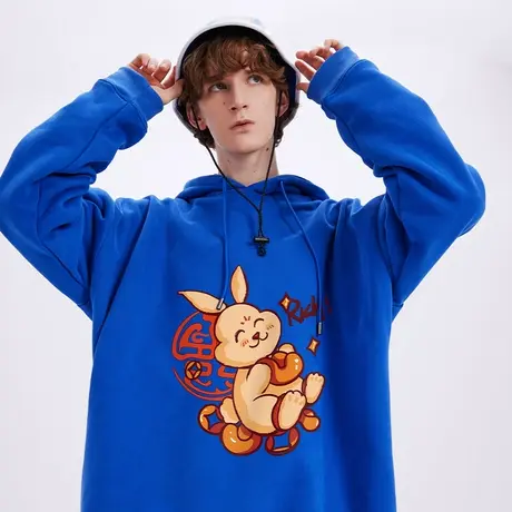 Nuthink国潮oversize新年兔子卫衣男连帽潮牌ins冬季宽松大码外套商品大图