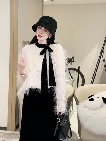 小香风撞色丝绒蝴蝶结绑带圆领衬衫女亮片流苏长袖上衣新款打底衫商品大图