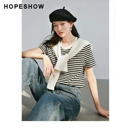 红袖简约撞色条纹套头T恤hopeshow2024春季新款刺绣罗纹短袖上衣商品大图