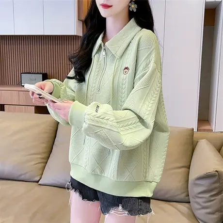 设计感小众翻领polo衫卫衣女春秋韩版宽松大码薄款小个子上衣外套商品大图