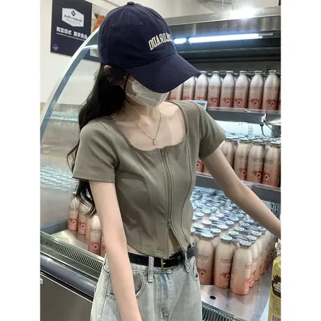 鱼骨纯欲风设计感小众短袖t恤女夏季修身甜辣妹高腰短款正肩上衣商品大图