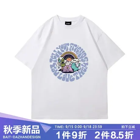 ins潮牌夏季可爱卡通印花短袖t恤男夏季港风五分袖搭配休闲上衣图片