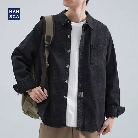hansca衬衫式夹克外套男秋冬新款纯色翻领日系复古加绒工装上衣服商品大图