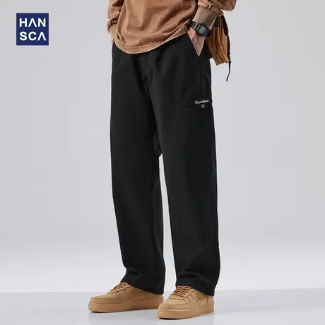 hansca黑色纯棉休闲裤男秋季新款潮牌大码宽松日系直筒水洗长裤子商品大图