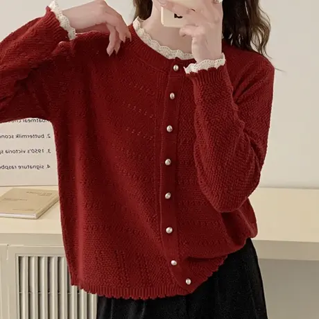 春秋蕾丝钉珠针织衫女2024春秋款小个子洋气时髦小香风开衫外套女商品大图