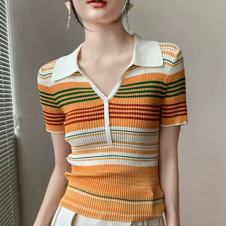 落日橘条纹POLO领纽扣针织短袖T恤女2023夏新款休闲显瘦正肩上衣图片