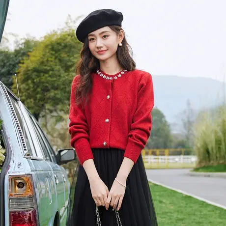 时尚气质织衫2024年春季新款温柔百搭圆领精致针织套头开衫上衣图片