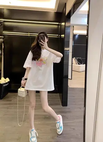 小众设计感法式正肩印花短袖t恤女夏季纯棉中长款显瘦百搭纯棉衣商品大图