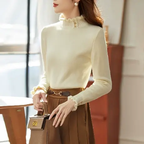 时尚气质温柔针织打底衫2022年冬新款淑女甜美显瘦半高领加绒上衣图片