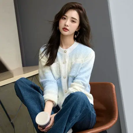 时尚气质毛衣开衫2023年秋季新款淑女温柔圆领宽松显瘦通勤上衣图片