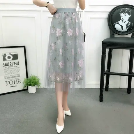 【换购10】网纱裙百褶裙半身裙中长款春夏新女韩版高腰A字裙花朵图片