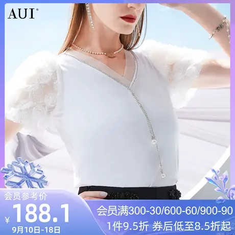 AUI白色设计感泡泡袖针织衫女2023夏新款小众修身百搭拼接短袖T恤商品大图