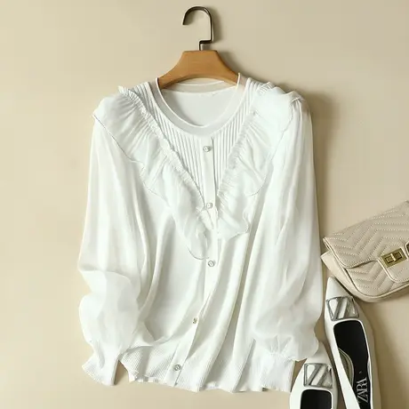 秋装2023年新款雪纺袖冰丝针织假开衫女宽松上衣洋气蕾丝打底衫女商品大图