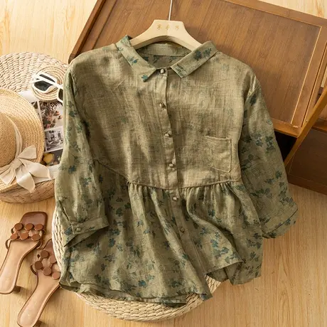 享永子七分袖碎花苎麻衬衫女文艺复古宽松棉麻娃娃衫上衣2023新款图片