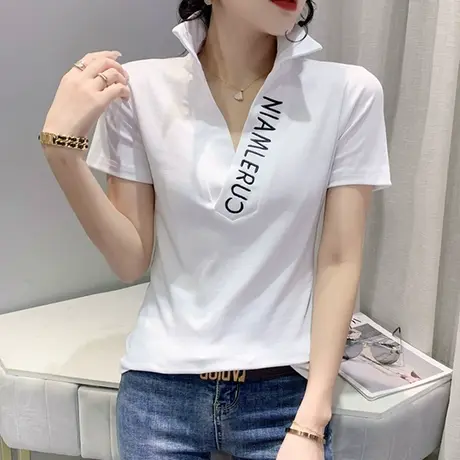 白色POLO领T恤女短袖2023夏新款字母刺绣设计感上衣洋气百搭小衫商品大图