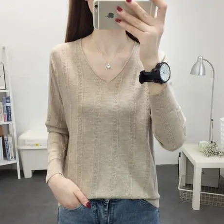 秋季2023新款洋气爆款长袖针织打底衫纯色薄款宽松v领显瘦毛衣女商品大图