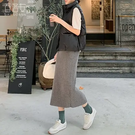 百洛安高腰纯色针织半身裙女秋季新款弹力坑条包臀裙百搭直筒长裙图片