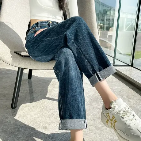 老爹牛仔裤女2023年秋冬新款高腰直筒宽松显瘦百搭九分蓝灰哈伦裤商品大图
