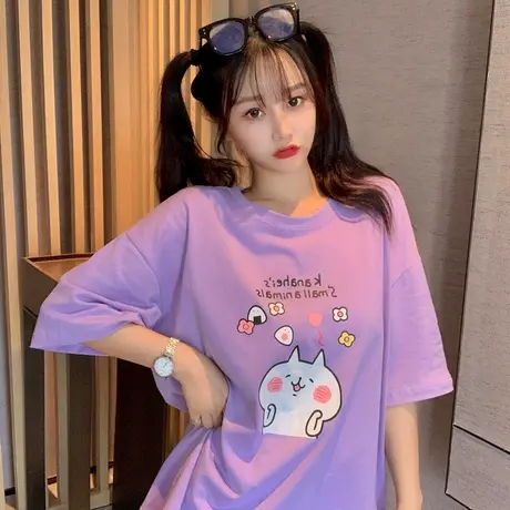 网红港风短袖t恤女夏2020韩版宽松学生原宿风ins超火紫色上衣服潮商品大图