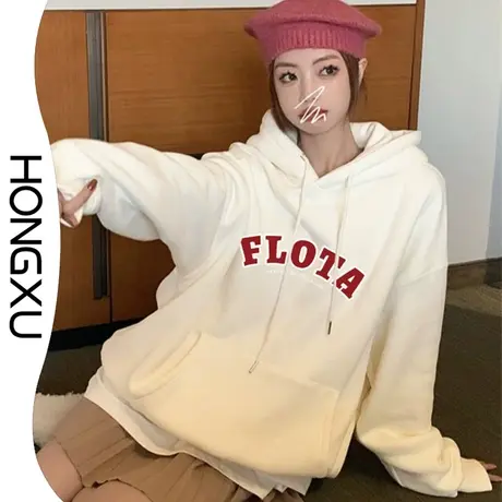 红续秋冬款黑色连帽加绒加厚卫衣2023ins超火简约印花套头上衣女图片