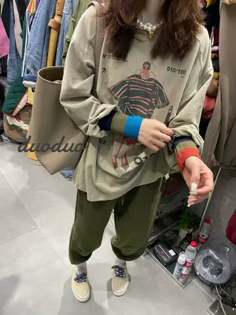 2023春秋季新款韩版圆领字母卡通图案拼袖宽松长袖T恤女打底衫潮-商品大图