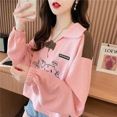 华夫格卫衣女春秋韩版宽松薄款小个子撞色百搭polo领短款上衣外套商品大图