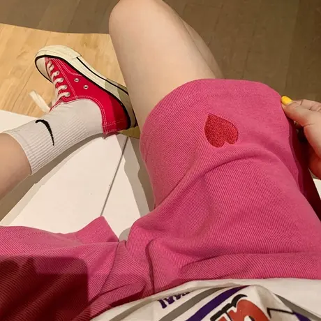 爱心刺绣休闲短裤女夏季小个子宽松百搭阔腿高腰五分裤子运动裤潮图片