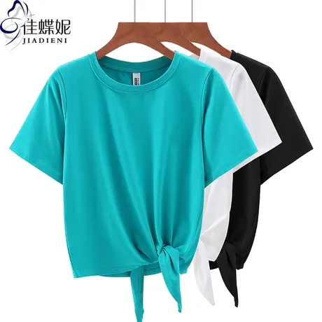 夏季新款韩版圆领宽松纯白打结短款纯色短袖体恤上衣内搭女打底衫商品大图