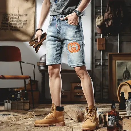 欧洲站牛仔短裤男高端字母刺绣水洗潮牌欧货青年夏季新款五分中裤商品大图