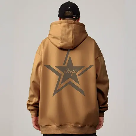 五角星加肥加大码卡其色卫衣男生连帽潮牌加绒胖子春秋冬季外套潮商品大图