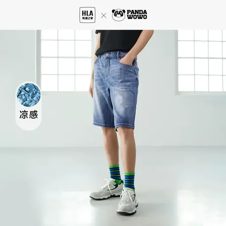 HLA/海澜之家panda wowo熊猫牛仔中裤23春夏新宽松直筒凉感短裤男图片