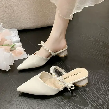 包头半拖鞋女2023年新款夏季外穿珍珠时尚法式中跟粗跟仙女风凉拖商品大图